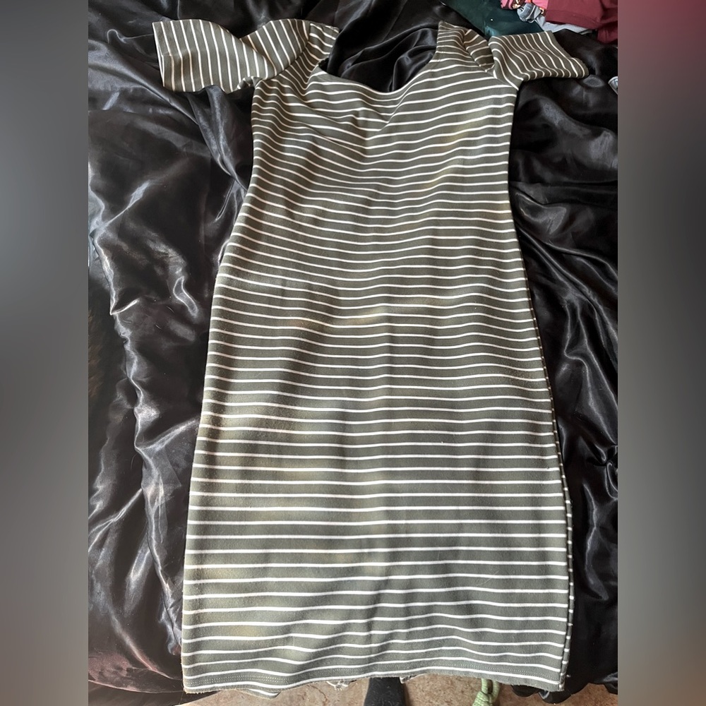 Green and white striped zip up in the back dress